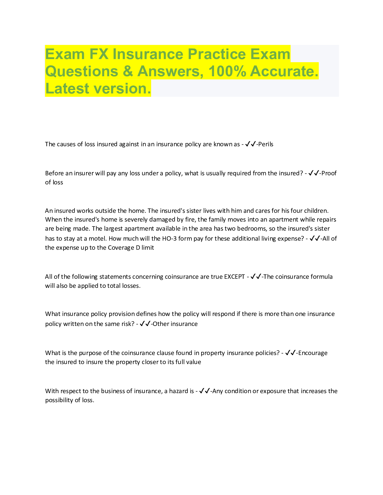 Preview image for Exam FX Insurance Practice Exam  Questions & Answers, 100% Accurate.  Latest version.